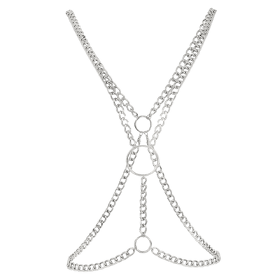 Silberne MetroPunk Brustkorb Body Chain freigestellt, Produktansicht