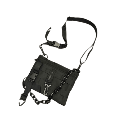 Schwarze MoveMate Umhänge- und Brusttasche mit Kette und Schultergurt, Produktansicht