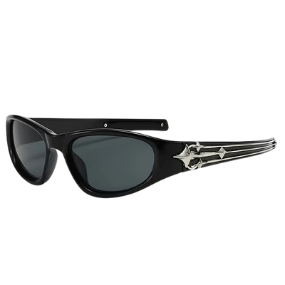 Schwarze Nautilus Shades Sonnenbrille mit silbernen Anker-Details an den Bügeln, Seitenansicht
