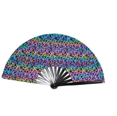 Neon Twilight XXL Rave-Fächer mit Regenbogen-Linienmuster, aufgeklappt, Vorderansicht