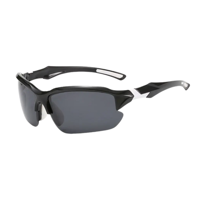 Performance Sonnenbrille mit schwarzen Gläsern und weißen Akzenten, Schrägansicht