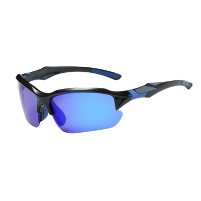 Performance Sonnenbrille mit blau verspiegelten Gläsern und blauen Akzenten, Schrägansicht