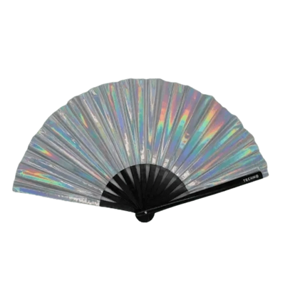 Prism Pulse XXL Rave Fächer mit silbrig-holografischer Bespannung, aufgeklappt, Vorderansicht