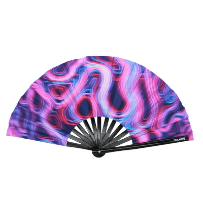 Prismatic Dance UV XXL Rave-Fächer mit pink-blauem Wellenmuster, aufgeklappt