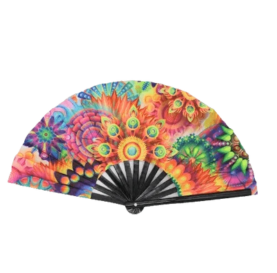 Psychedelic Dream UV XXL Rave-Fächer mit bunten Mandala-Blüten, aufgeklappt