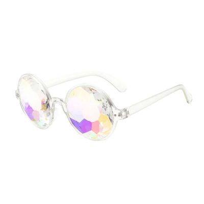 Psychedelische Kaleidoskop Brille mit transparenter Fassung, Seitenansicht
