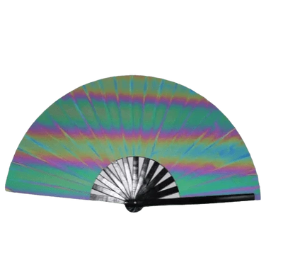 Rainbow Fusion XXL Rave-Fächer mit schimmerndem Regenbogen-Verlauf, aufgeklappt