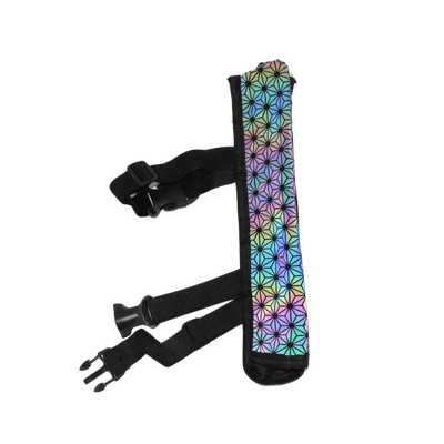 Reflektierende Rave Glow Fächerhalterung mit Regenbogen-Muster und schwarzen Gurten, Vorderansicht
