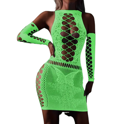 RaveGlow Neon Bodysuit im Kleid-Stil mit Armstulpen, grün leuchtend, Vorderansicht am Model