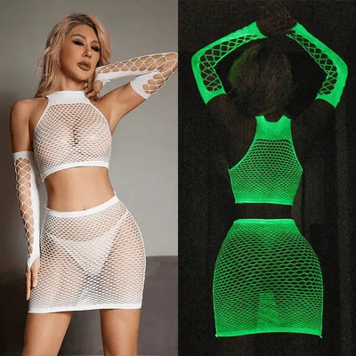 RaveGlow Neon Bodysuit als Zweiteiler, weiß bei Tageslicht und grün leuchtend im Dunkeln