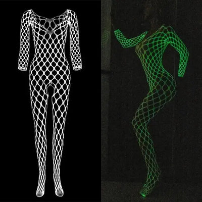 RaveGlow Neon Bodysuit als Ganzkörper-Netz, freigestellt und leuchtend im Dunkeln