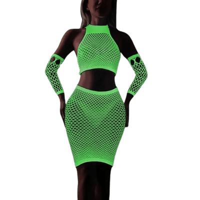 RaveGlow Neon Bodysuit als Zweiteiler mit Top, Armstulpen und Rock, grün leuchtend im Dunkeln