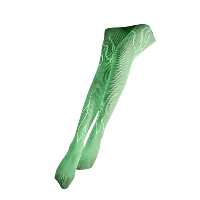 RaveGlow Neon Netzstrumpfhose Flamy mit Flammenmotiv, leuchtend im Dunkeln