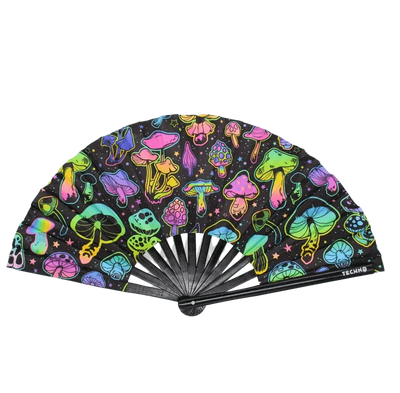 Shroom Glow UV XXL Rave-Fächer mit Neon-Pilzen auf Schwarz, aufgeklappt