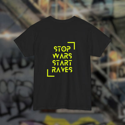 Schwarzes Stop Wars Start Raves T-Shirt mit neongelbem Rückenprint, Rückansicht