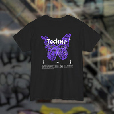 Schwarzes Techno Butterfly T-Shirt mit lila Schmetterling-Rückenprint, Rückansicht