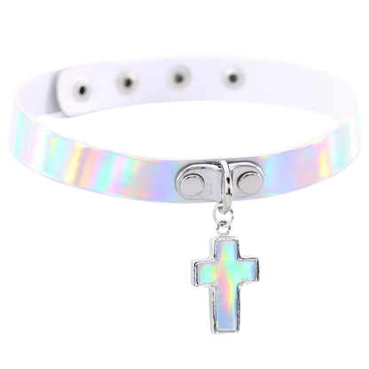 Techno Holo Cross Choker – Glänzender Look für Festival und Rave