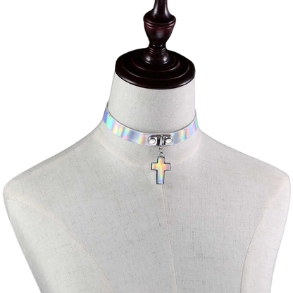 Techno Holo Cross Choker – Glänzender Look für Festival und Rave