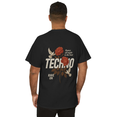 Schwarzes Techno Rose Classic Rave Shirt am Model, Rückansicht