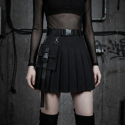 BeatWave Damen Mini Rave Rock, frontal, schwarzer Rock, Festival-Look, techno-inspirierte Mode