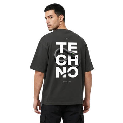 Anthrazitfarbenes Venom Oversize T-Shirt mit TECHNO-Schriftzug und Schlange, Rückansicht am Model