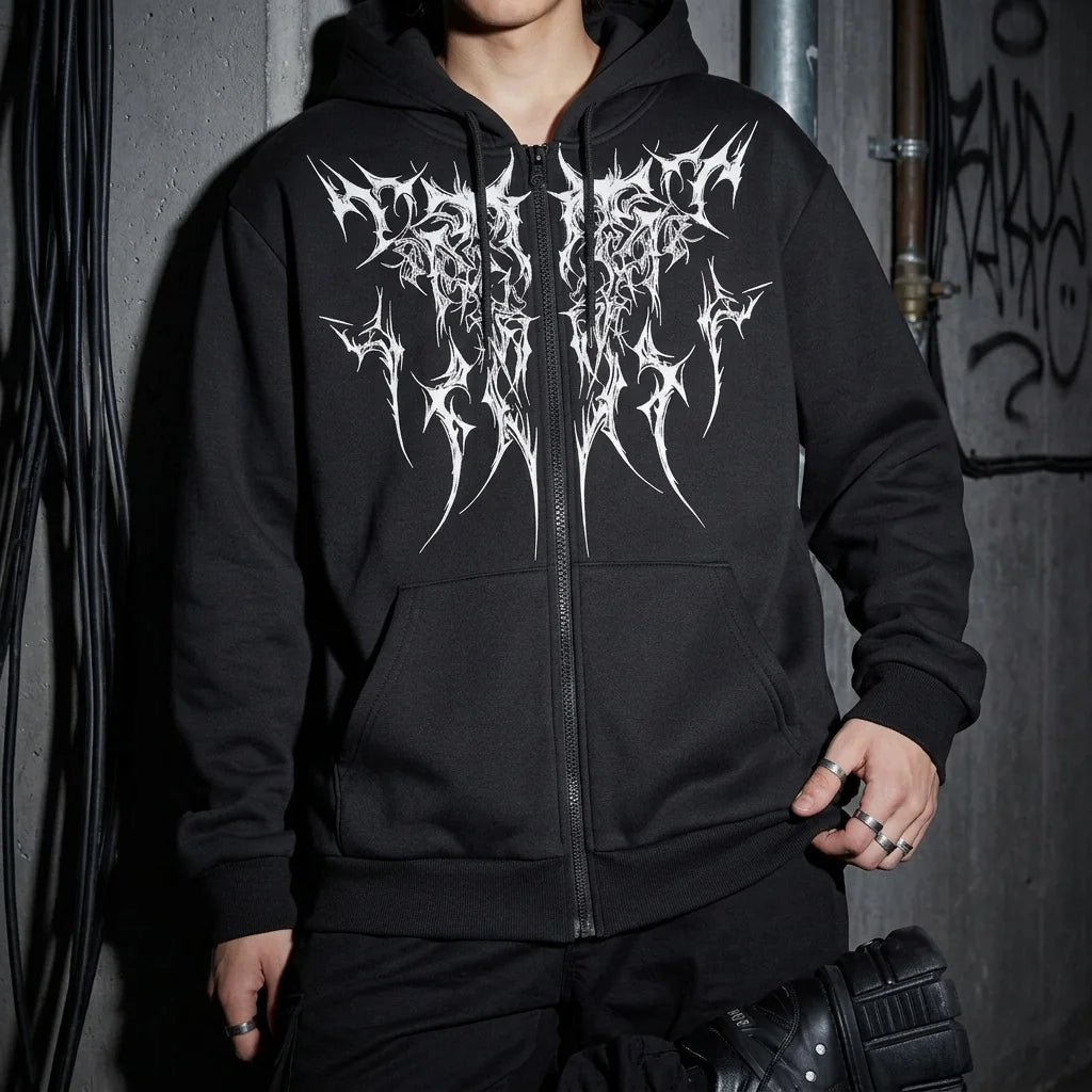 Dark Tribal Zip Hoodie Detail, Techno-Fashion, Streetwear