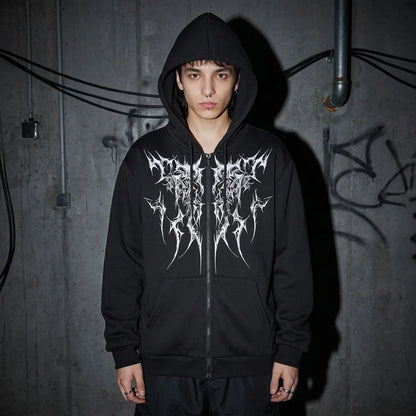 Dark Tribal Zip Hoodie mit Kapuze, Club-Mode, Schwarz