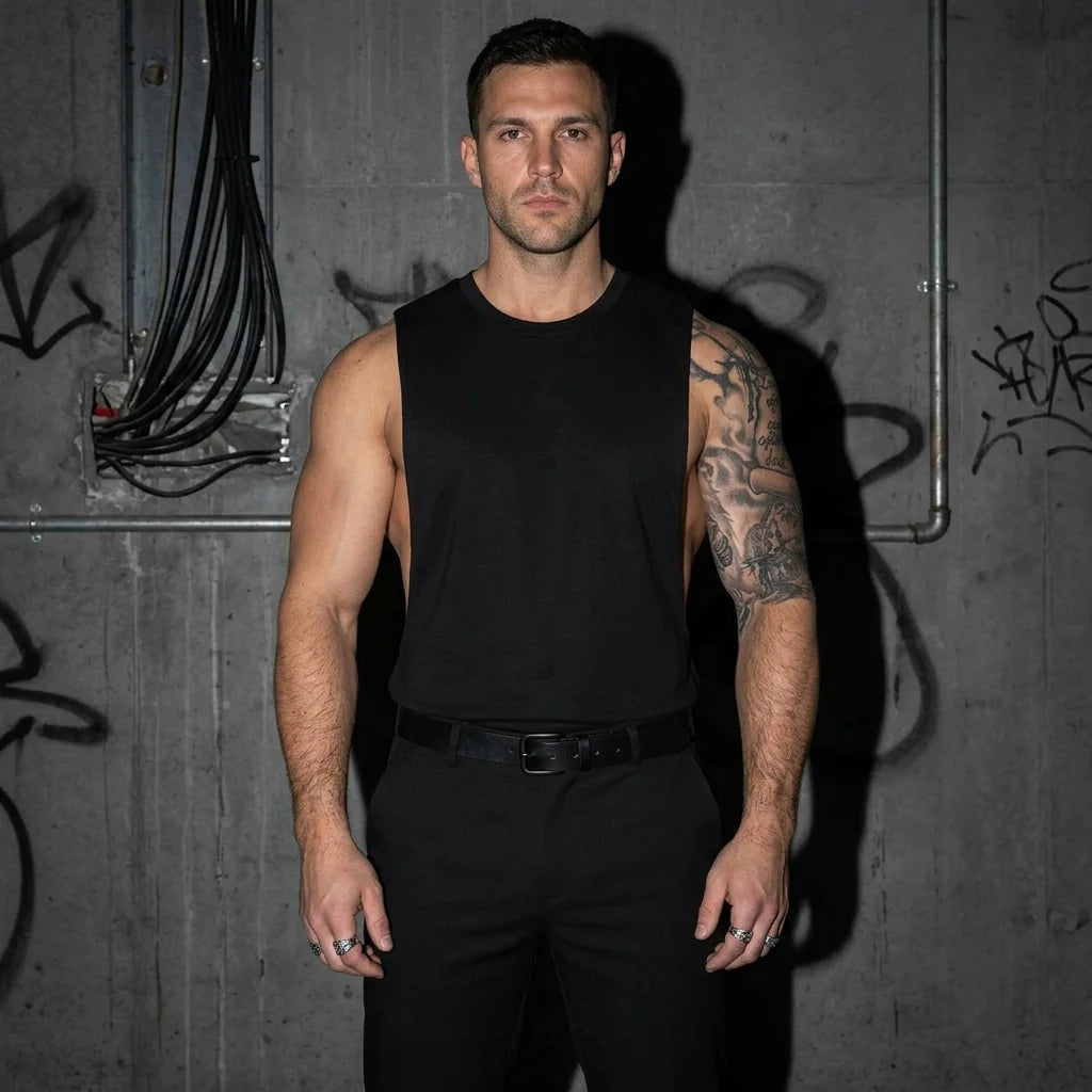Frontansicht im schwarzen Deep Cut Tanktop, Club-Mode, urban