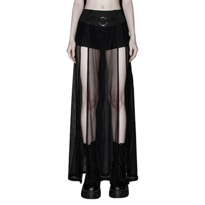 Schwarzer Dusk Mesh Rock mit Shorts und langer transparenter Lage, Vorderansicht am Model