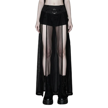 Dusk Mesh Rock in Schwarz, frontal, Techno Festival Look, Model mit Stiefeln