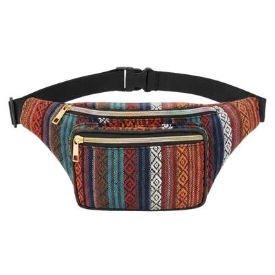 Tribal Groove Bauchtasche mit rot-petrolfarbenem Muster und schwarzem Gurt, Vorderansicht