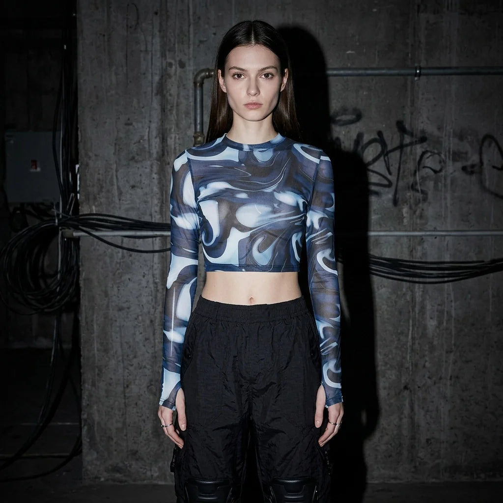 Midnight Waves Mesh Crop Longsleeve, blau-weiß, frontal, Clubbing Outfit