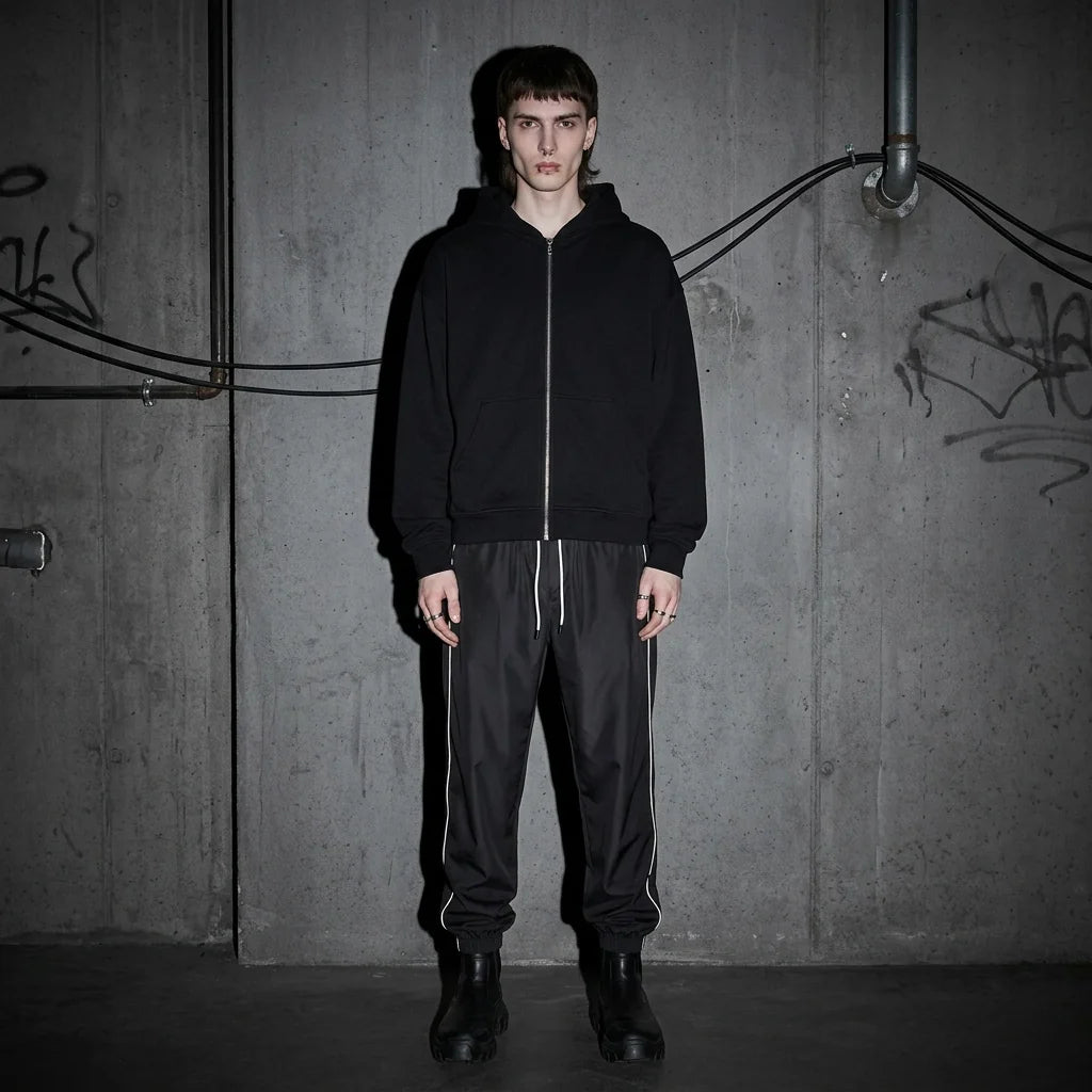 Model frontal in Reflective Nightflow Hose, schwarz, ideal für Techno-Events.