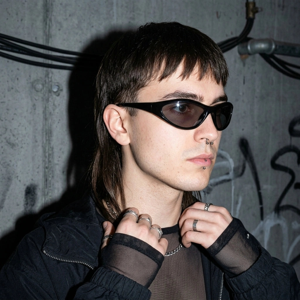 Darkwave Sleek Sonnenbrille für Raves - Dreiviertel-Ansicht | Techno Essentials