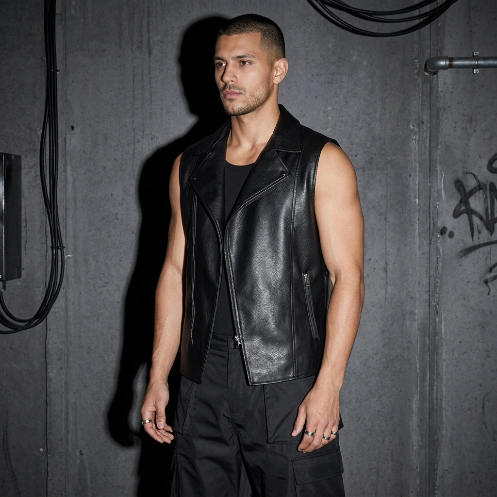 Midnight Rebel Weste aus veganem Leder - Dreiviertel-Ansicht | Techno Essentials