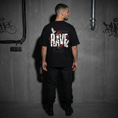 Schwarzes Rave Garden Oversize T-Shirt, Rückansicht Ganzkörper am Model #farbe_schwarz