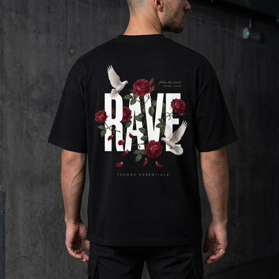 Schwarzes Rave Garden Oversize T-Shirt, Rückansicht am Model #farbe_schwarz