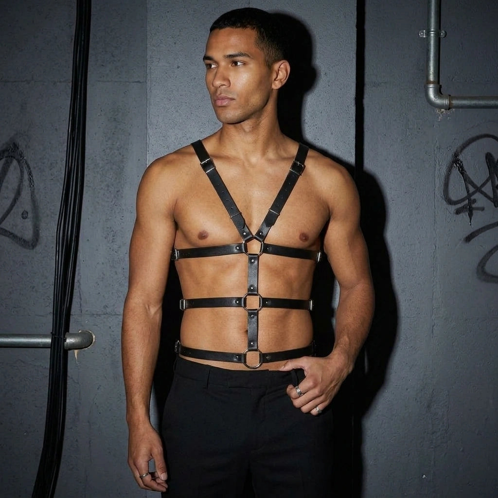 Urban Warrior Harness am Model, Dreiviertelansicht vor Betonwand