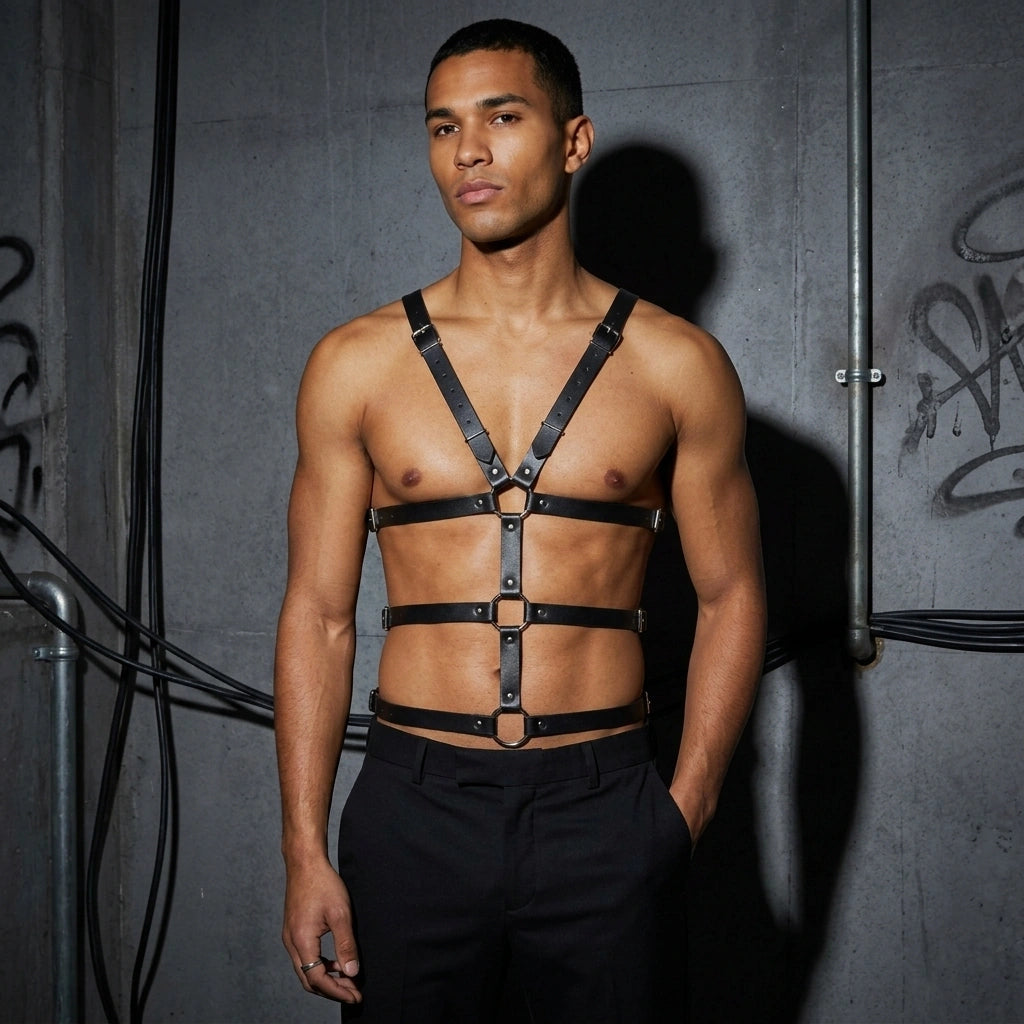 Urban Warrior Männer Harness am Model, Vorderansicht mit Hand in der Tasche