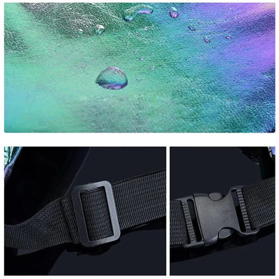 Holografische Bauchtasche, Detail Oberfläche sowie Gurtversteller und Steckschnalle