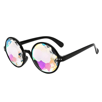 Psychedelische Kaleidoskop Brille mit schwarzer Fassung, Seitenansicht