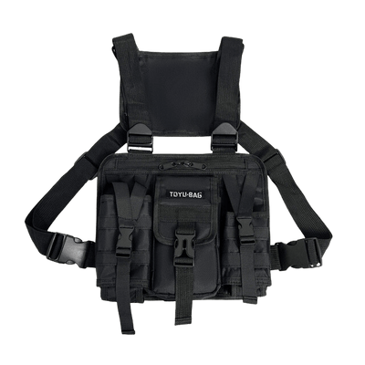Schwarze Rave Ready Brusttasche mit Fächern und Gurten, Vorderansicht
